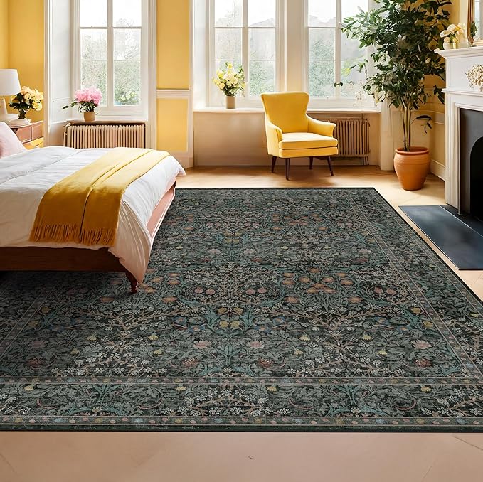 Dining Room Rugs for Under Table - 7x9 Washable Dark Green Oriental Area Rug for Living Room, Non-Slip Floor Carpet for Bedroom Under Bed - Vintage Design & Stain Resistance