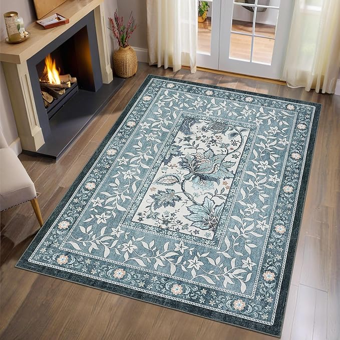 GarveeHome Provence Misty Blue 3x5 Rug Washable Non-Slip Low-Pile Indoor Rugs for Entryway Botanical Grove Vintage Boho Cottage Throw Carpet for Kitchen Bedroom Living Room Bathroom Mat