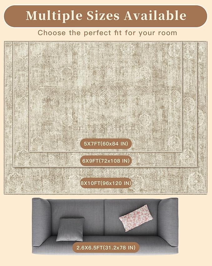 Madane 8x10 Area Rugs for Living Room, Machine Washable Vintage Beige Rug with Non-Slip Backing, Soft Throw Large Rug, Thin Carpet for Bedroom Dining Room Farmhouse Under Table