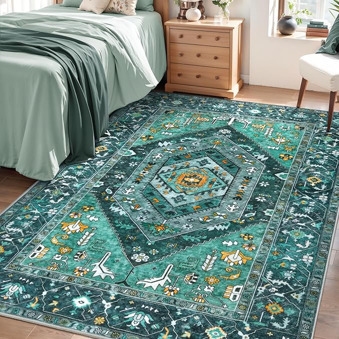 SERISSA 4x6 Boho Bedroom Rug, Washable Non Slip Vintage Teal Area Rugs, Ultra Soft Print Distressed Tribal Entry Rug Low-Pile Throw Carpet for Nursery Dorm Kitchen Living Room Decor