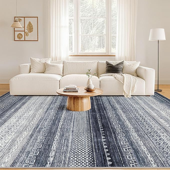 Nakagishi Area Rug 6x9 Living Room: Washable Boho Large Neutral Soft Modern Rugs Stain Resistant Moroccan Indoor Non-Slip Accent Carpet for Bedroom Nursery Kids Playroom Office Dining Room Dorm- Blue