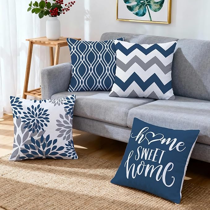 Hexagram Geometric Blue Pillow Covers 20x20 Set of 4, Decorative Outdoor Boho Modern Throw Pillow Covers, Home Sweet Home Farmhouse Cushion Case for Couch Sofa Bedroom Indoor Decor(No Insert)