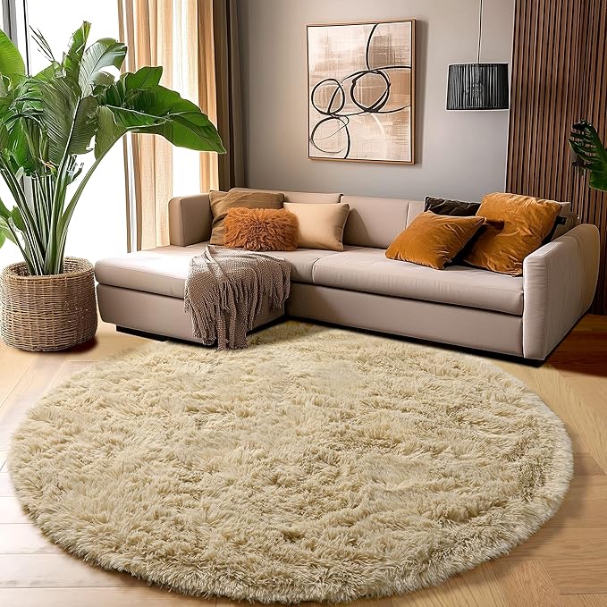 Amdrebio Beige Round Area Rug 4Ft for Bedroom, Boho Fluffy Plush Shag Furry Circle Rugs for Kids Room, Living Room Decor Aesthetic, Cute Shaggy Fuzzy Neutral Carpet for Nursery Preppy Dorm Baby Teens