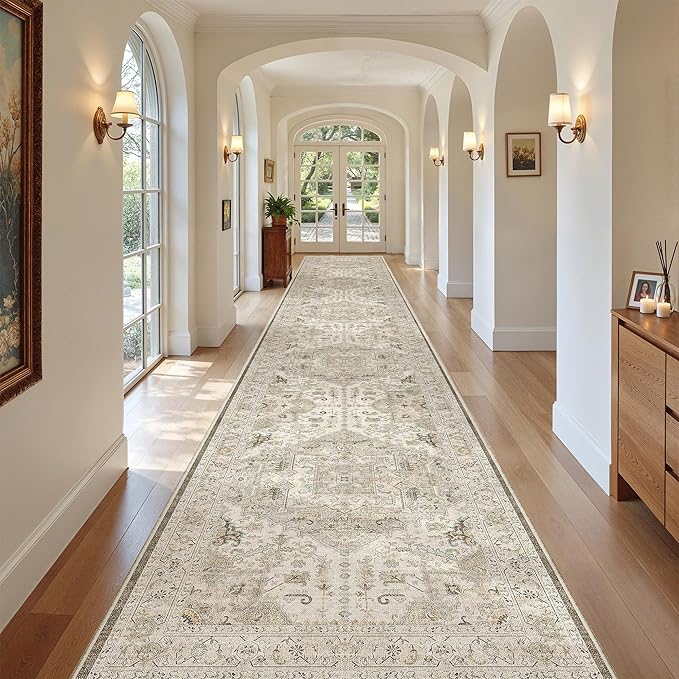 Madane Hallway Runner Rug 3x18 - Kitchen Rugs 18ft Washable Entryway Rug Vintage Kitchen Runners Non Slip Indoor Area Rug Farmhouse Carpet Runner for Bathroom Living Room Bedroom, Ivory/Brown