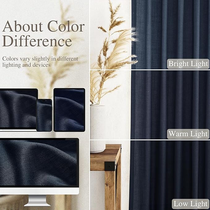 Linen Navy Blue Curtains 108 inch Extra Long for Living Room Back Tab Light Filtering Semi Sheer Drapes Modern Farmhouse Coastal Decor Textured Curtain for Floor to Ceiling High Window 52x108