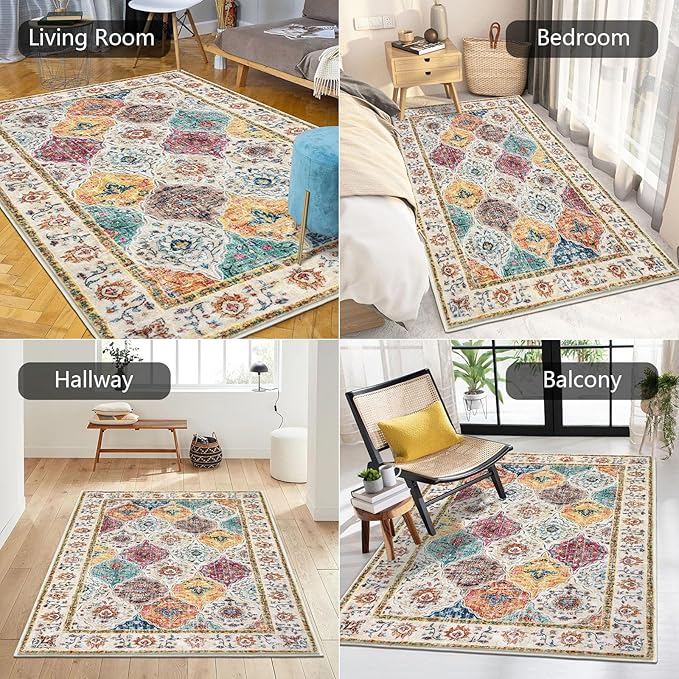 HEBE Washable Area Rug - 3'x5' Non Slip Soft Distressed Medallion Bedroom & Living Room Accent Throw Vintage Entry Floor Carpet for Dining Room & Bathroom Entryway