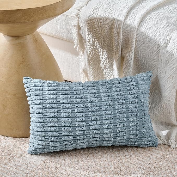 Fancy Homi Set of 4 Blue Lumbar Rectangle Decorative Throw Pillow Covers 16x24 Inch for Couch Bed Chair, Aesthetic Boho Room Decor, Soft Fuzzy Thick Corduroy Textured Coastal Blue Cushion Case 40x60cm
