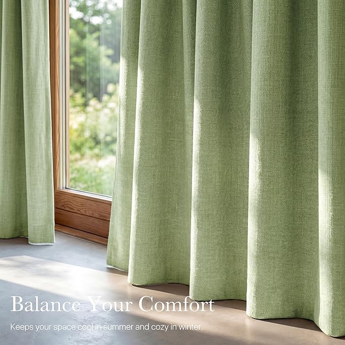 NICETOWN 100% Absolutely Blackout Linen Curtains for Bedroom Living Room, Olive Green, 52" Wide, 2 Pieces, Privacy Vertical Thermal Insulated Window Drapes 84 inch Long for Light-Sensitive Sleepers
