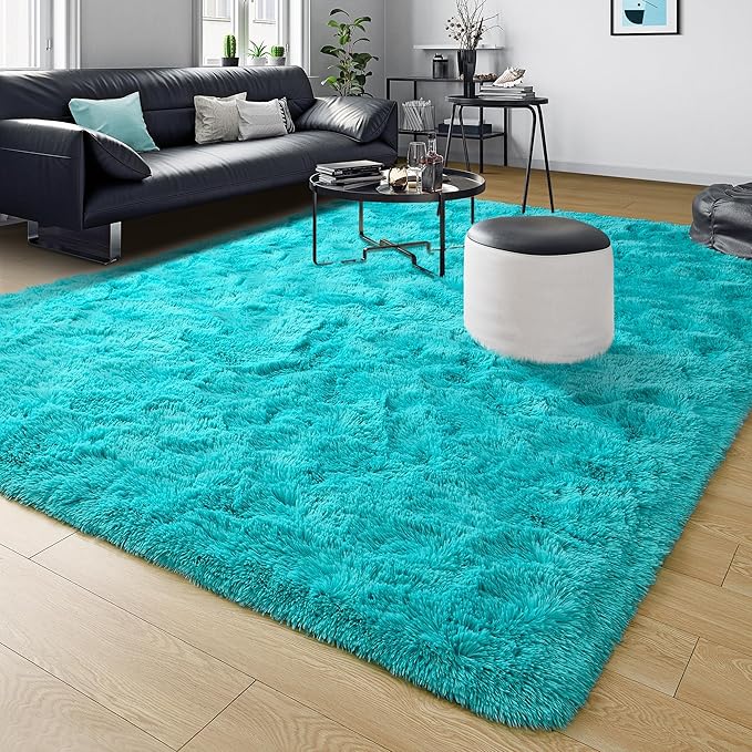 Tepook Super Soft Fluffy Rug for Bedroom, Modern Shaggy Fuzzy Kids Rugs for Living Room, Plush Indoor Nursery Home Decor Dorm Carpet with Non-Slip Bottom, Teal Blue, 4 X 6 Feet