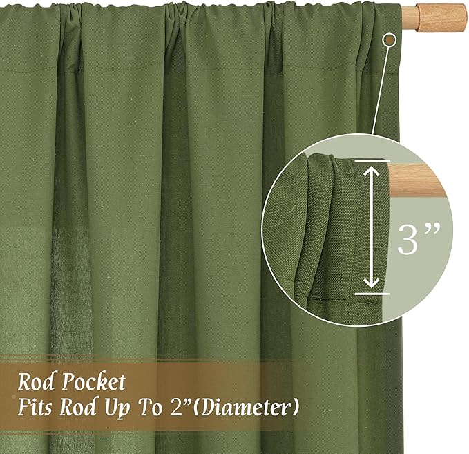 LAMIT Olive Green Linen Curtains 48 Inch for Short Windows, Soft Linen Textured Light Filtering Panels Farmhouse Boho Rod Pocket Drapes for Kitchen/Loft Room, 2 Panels, 42 x 48 Inch