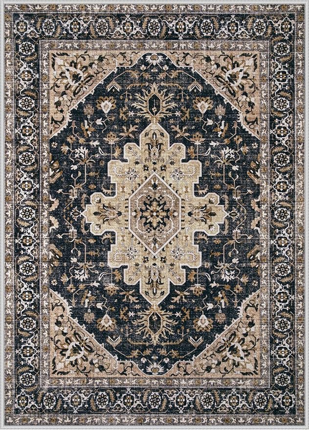 Area Rugs 9x12 Vintage Rug: Large Washable Living Room Rug Retro Medallion Distressed Soft Low Pile Non-Slip Indoor Floor Carpet for Bedroom Dining Table Office (BeigeBlack,9'x12')