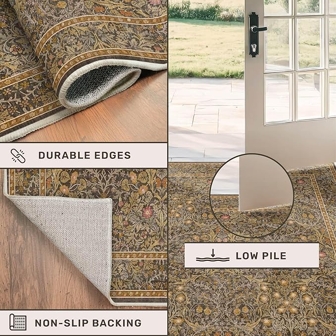 Hazo Haus Non Slip 2x7 Gold Brown Runner Rugs - Washable Long Runner for Bathroom, Kitchen, Hallway, Indoor Floor Mat, Bedroom Bedside - Brown Earthy Vintage Floral Décor