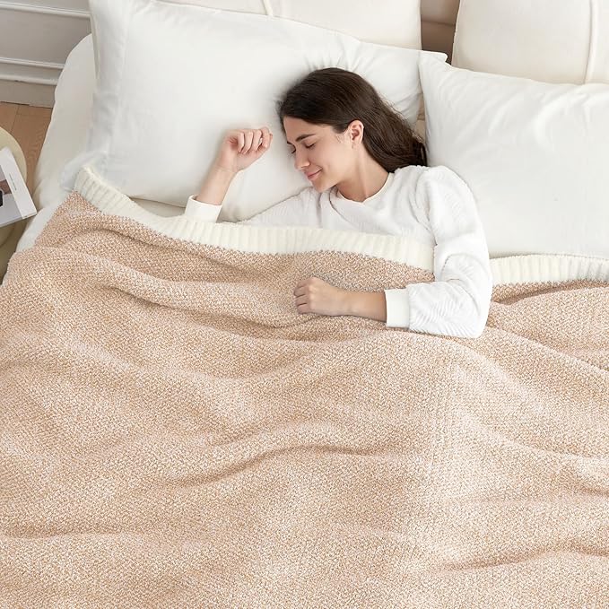 Snuggle Sac Super Soft & Reversible Heather Beige Throw - Oversized Cozy Knit Blanket for Bed, Sofa, Living Room, Twin Size (60x80 Inches)