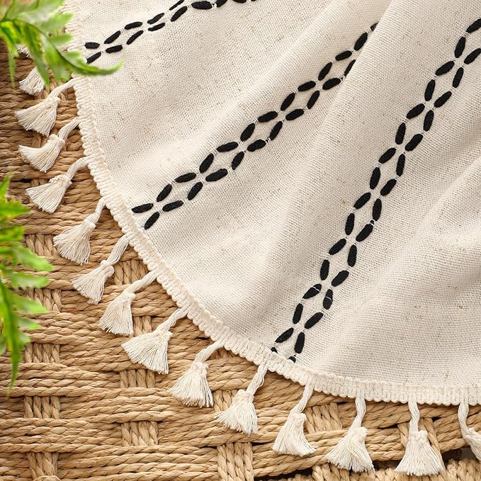 Beige Boho Blackout Curtains 2 Panels 84 Inch for Living Room Bedroom, Linen Texture Farmhouse Curtains with Tassels and Black Cotton Embroidery Vintage Rustic Western Rod Pocket