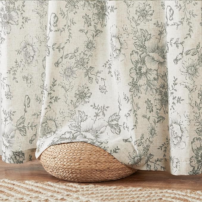 jinchan Lined Linen Blend Curtain Floral Curtains for Living Room 96 Inches Long Grey Peony Flower Printed Curtain Back Tab Farmhouse Patterned Drapes Bedroom Window Curtains Set 2 Panels