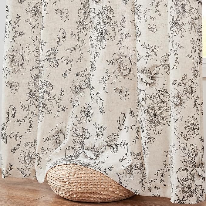 jinchan Pinch Pleated Curtains Floral Linen Blend Curtains for Living Room 96 Inches Length Black Peony Flower Printed Curtain Rod Pocket Back Tab Farmhouse Pinch Pleat Drapes with Hooks Set 2 Panels