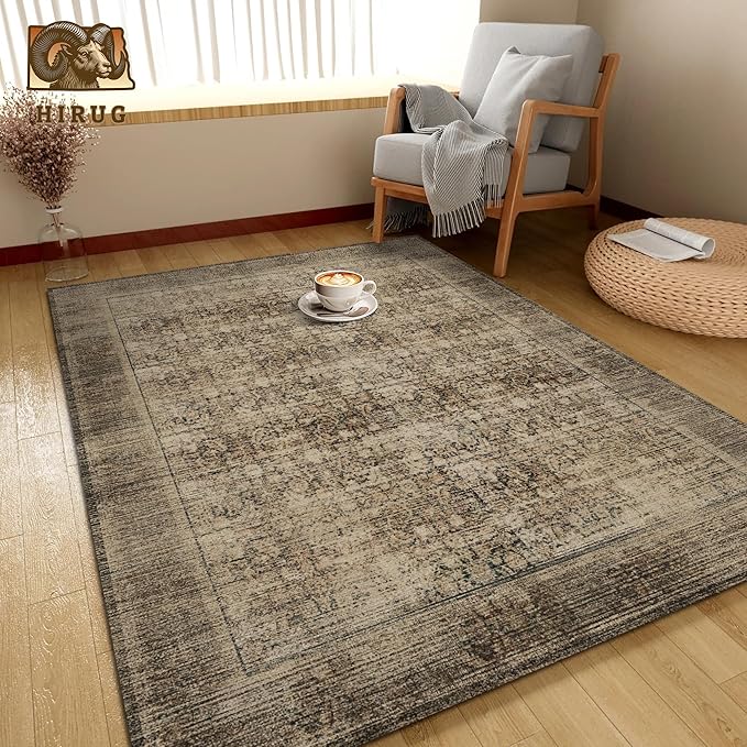 Washable Area Rug 6' x 9' Vintage Traditional Persian Mat - Foldable Distressed Non-Slip Machine Washable Carpet for Living Room Bedroom Kitchen Home Decor - Mocha and Taupe