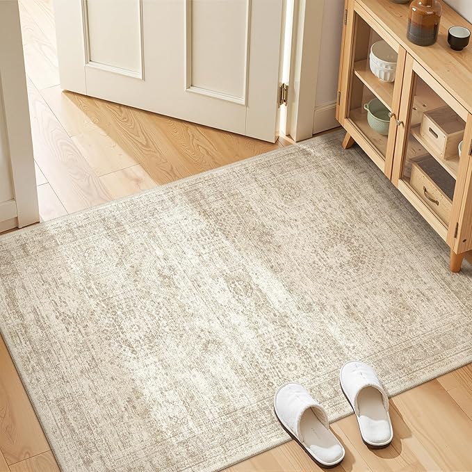 3x4 Washable Area Rug for Entryway, Soft Kitchen Rugs Non Slip for Dining Room, Vintage Abstract Living Room Rug, Thin Area Rugs Indoor for Bedroom, Kids Room Decor(3'x4', Beige/Ivory)
