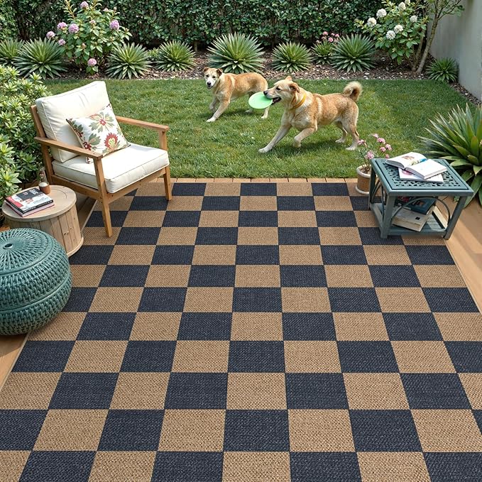 Lahome Colette Checkered Easy Jute Living Room Rugs, 5x7 Dining Room Office Rug Farmhouse Outdoor Patio Carpet, Checkerboard Washable Non Slip Indoor Outdoor Blue Carpet for Backyard Entry Deck