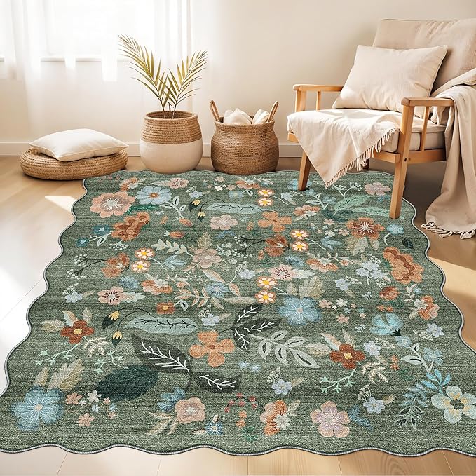 Floral Square Area Rug for Family: Washable 5x5 Scalloped Carpet for Living Room Bedroom Soft Water Resistant Floor Mat with Non Slip Backing for Kitchen Nursery Farmhouse Home Decor(5x5,Floral/Green)