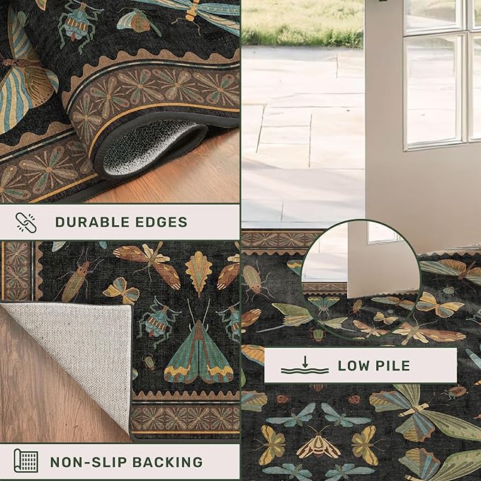 Dark 6x8 Insect Area Rug for Living Room - Vintage Washable Rugs for Dining Room Under Table, Low Pile & Soft Boho Bedroom Decor, Butterfly Non Slip Foldable Carpet