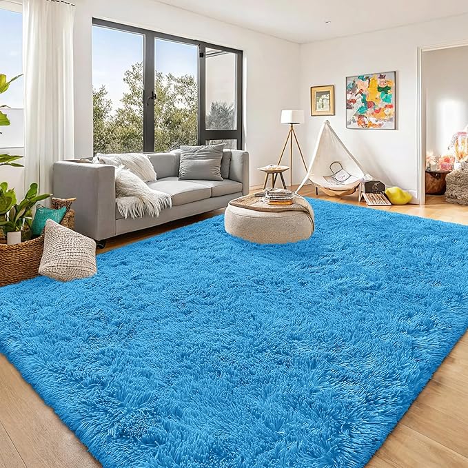 OLANLY 9x12 Machine Washable Large Area Rugs for Living Room, Bedroom, Soft Fluffy Shaggy Bedside Rug, Indoor Floor Carpet for Kids Girls and Boys, Dorms, Nursery, Home Decor Aesthetic, Bright Blue