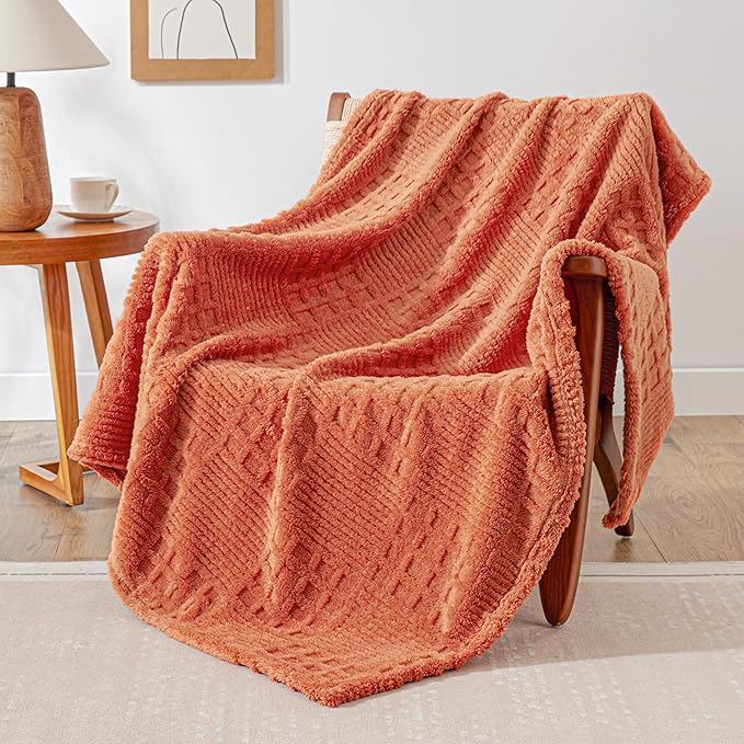 EXQ Home Fleece Throw Blanket for Couch or Bed - 3D Waffle Patchwork Pattern Jacquard Decorative Blankets - Cozy Soft Fuzzy Flannel Blanket Suitable for All Seasons(50"×60",Terracotta)