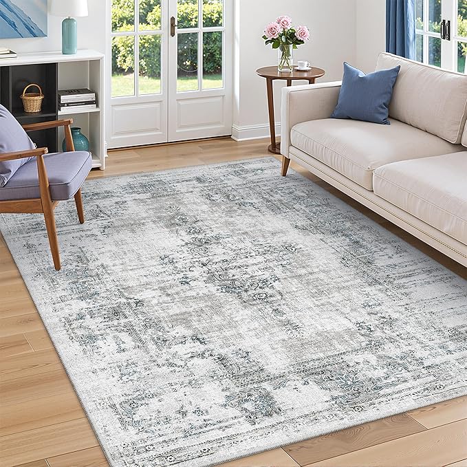 Madane 5x7 Area Rugs Washable Rug: Vintage Living Room Rug with Non-Slip Backing Low Pile Rugs Soft Indoor Floor Thin Carpet Non Shedding Carpets for Bedroom Dining Room Farmhouse Blue/Grey