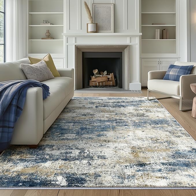BEIMO Machine Washable Rug 9x12 Area Rugs for Living Room Bedroom, Large Navy Blue Beige Abstract Area Rug Soft Throw Rugs, Low-Pile Floor Carpet with Non Slip Rubber Backing