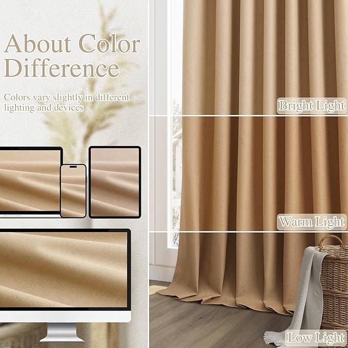 Guken Camel Brown 100% Blackout Linen Curtains 90 Inch Length 2 Panels Set for Living Room Bedroom Back Tab/Rod Pocket Thermal Insulated Black Out Drapes Room Darkening Window Curtains 90 Inches Long