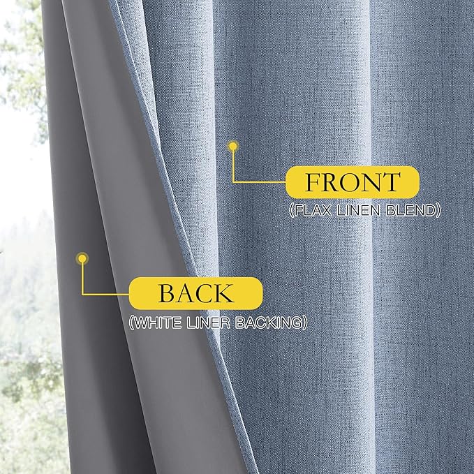 NICETOWN Stone Blue Vintage Linen 100% Blackout Curtains for Living Room, Thermal Insulated Curtains 84" Long, Noise Reducing Window Treatment Drapes for Dining Room, 62" Wide Per Panel, Set of 2
