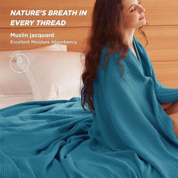 Bedsure 100% Cotton Muslin Throw Blanket Large 50x70 Inches - 4-Layer Breathable and Lightweight Thin Soft Summer Gauze Muslin Blankets for Adults, Teal, Boho Cotton Throw for Couch