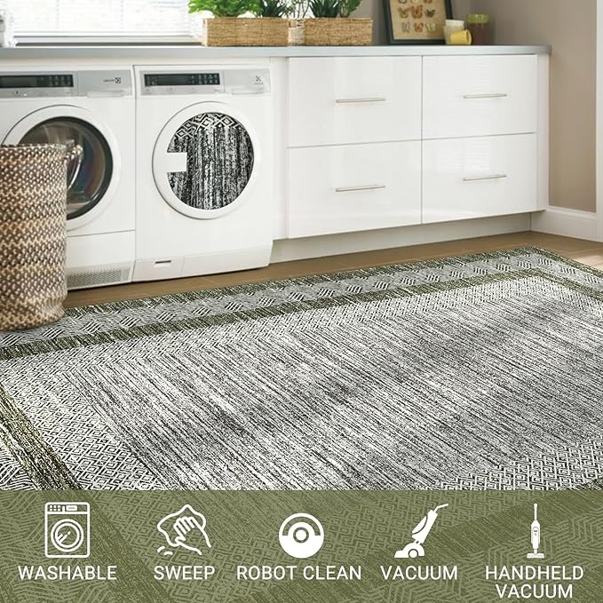 GarveeHome Modern Geometric Area Rug 2x3 Distressed Bordered Washable Non Slip Floor Small Carpet Non Shedding Thin Soft Low Pile Rug, Contemporary Green Rug for Dining Room, Living Room