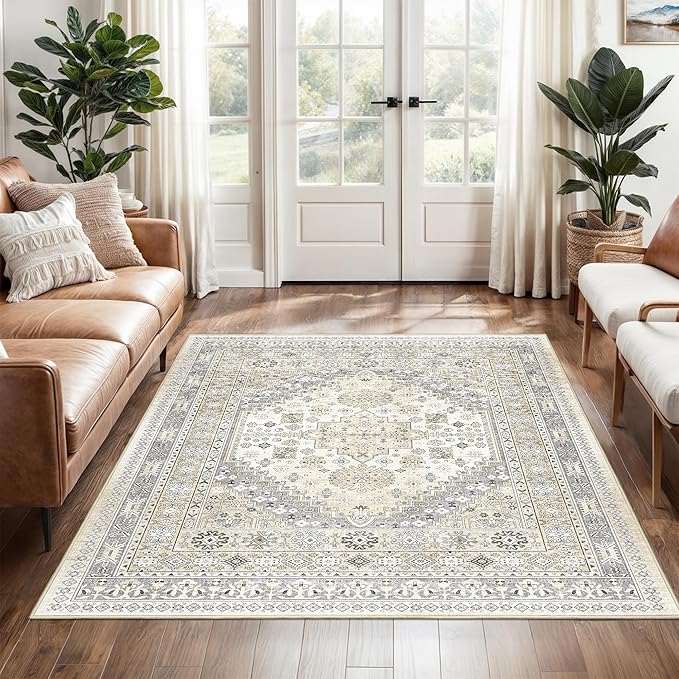 4x6 Area Rugs for Living Room, Non-Slip Backing Small Kids Rugs for Bedroom, Vintage Floral Rug Home Decor, Low Pile Soft Washable Rug for Kitchen, Dining Room (Beige,4'x6')