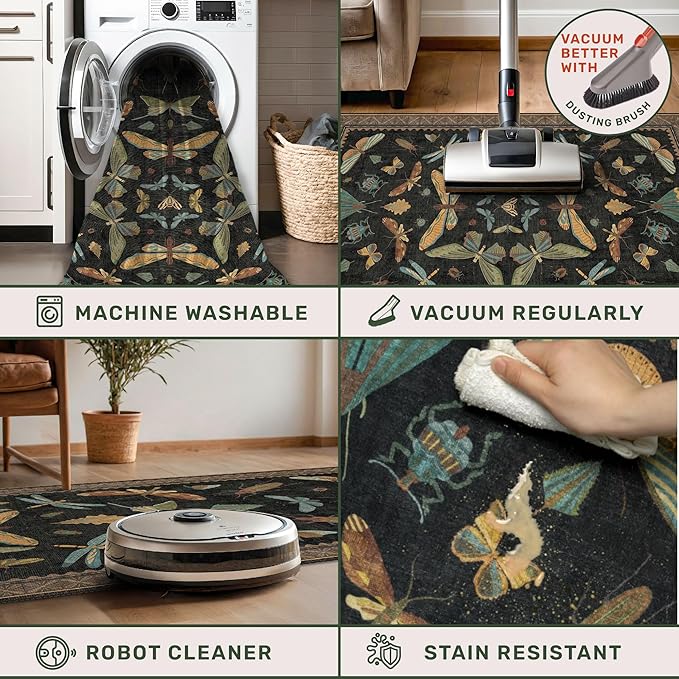 Hazo Haus Large Black Rug for Living Room - Area Rugs 9x12 Dining Room Table, Large Bedroom Under Bed, Unique Insect Bug Home Décor, Foldable Soft Stain Resistant