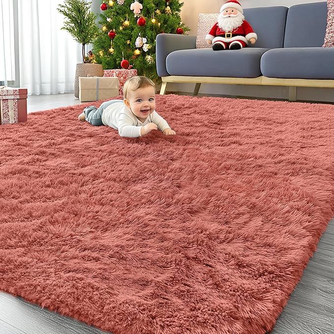OLANLY 8x10 Machine Washable Large Area Rugs for Living Room, Bedroom, Soft Fluffy Shaggy Bedside Rug, Indoor Floor Carpet for Kids Girls and Boys, Dorms, Nursery, Home Decor Aesthetic, Rust Red