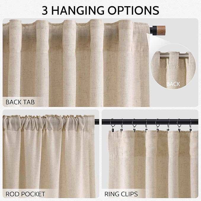 Grey Flax Linen Curtains for Living Room 120 Inches Long Light Filtering Mordern Boho Sheer Curtains Back Tab and Rod Pocket Extra Long Floor to Ceiling Curtain for Bedroom Office 52x120, 2 Panels