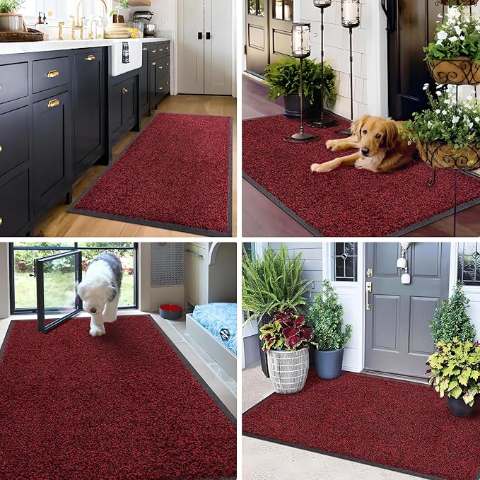 Mibao Front Door Mat, Dirt Trapper Welcome Mat for Outdoor Indoor, Non-Slip Waterproof Doormat, Durable Machine Washable Low Profile Entry Rug for Back Door Outside Patio Porch, 36" x 24", Red