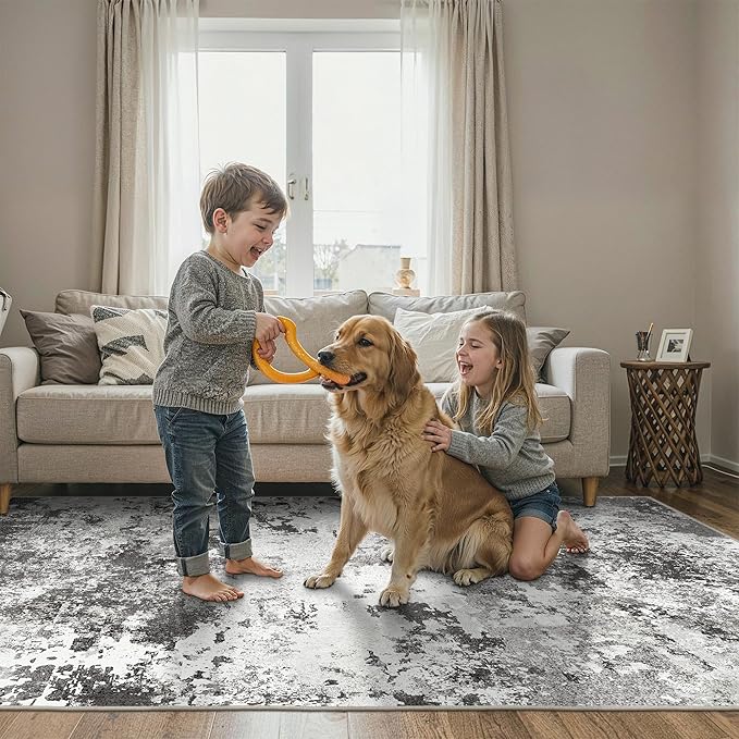 BEIMO Area Rugs 5x7 for Living Room Bedroom, Modern Abstract Machine Washable Rug, Large Soft Low Pile Floor Carpet with Non Slip Backing for Dining Room, Black Grey