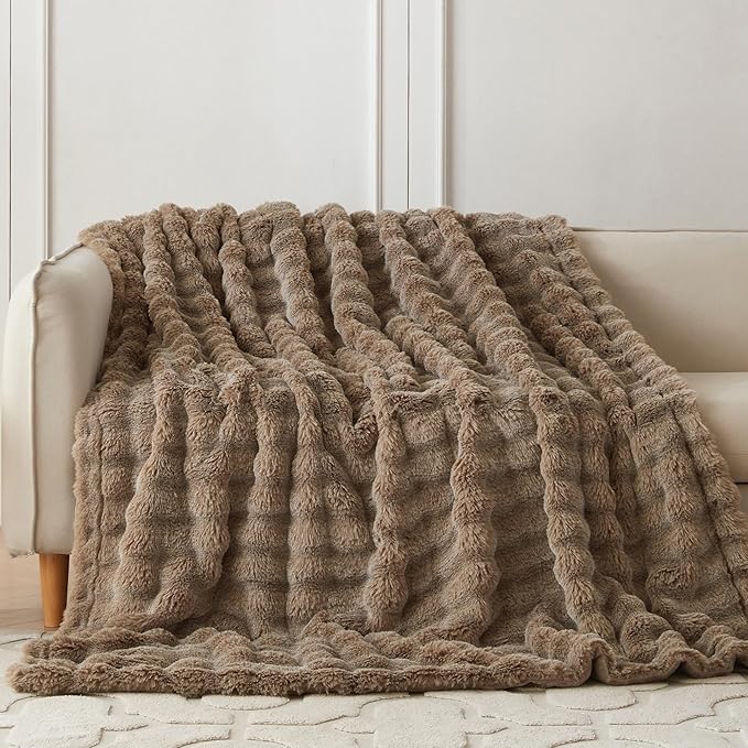 COOVA Faux Fur Throw Blanket for Couch, Cozy Soft and Fuzzy Plush Rabbit Fur Bubble Blanket for Sofa Bedroom Living Room, 60x80 Inches Cationic Brown