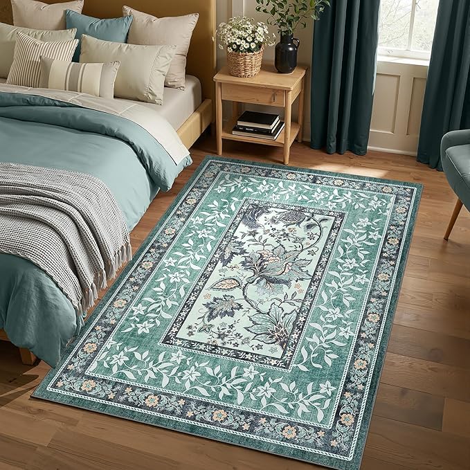 GarveeHome Teal 2x3 Door Mat Indoor Rugs for Entryway Provence Small Botanical Grove Cottage core Washable Non-Slip Low-Pile Rug for Bedroom Bathroom Entrance TPE Backing