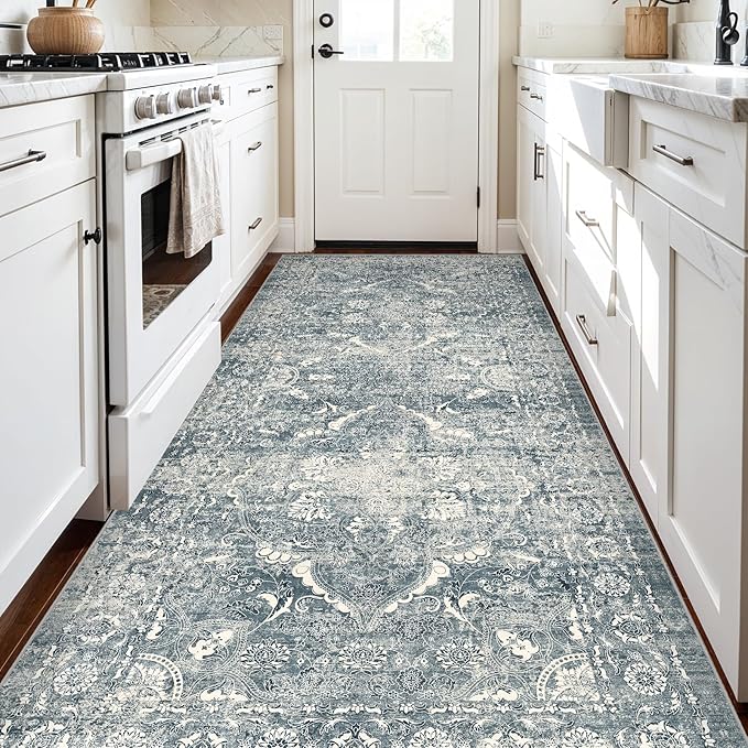 4x8 Washable Hallway Runner Rug - Wide Kitchen Runners Vintage Low Pile Carpet Soft Thin Floor Runner with Rubber Backing for Entryway Bedroom Living Room Home Decor (Blue)