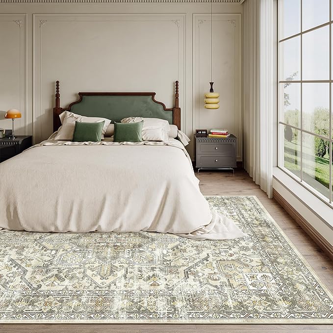 zesthome 5x7 Area Rugs - Ultra-Thin Washble Rug, Stain Resistant Anti Slip Backing Rugs for Living Room,Bedroom, Vintage Home Decor Area Rug (Beige/Brown,5'x7')
