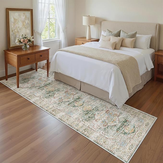 Madane Runner Rug 2x8, Washable Hallway Runner Rugs, Non-Slip Low-Pile Soft Kitchen Rug Runner Laundry Room Rug, Vintage Throw Entry Foyer Mat for Entrance Living Room (Green, 2 x 8)