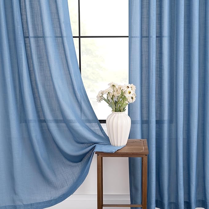 Denim Blue Curtains for Living Room Back Tab Modern Farmhouse Semi Sheer Blue Curtains 132 inches Long 2 Panels Set Muted Neutral Window Curtain for Dining Room Bedroom 52x132