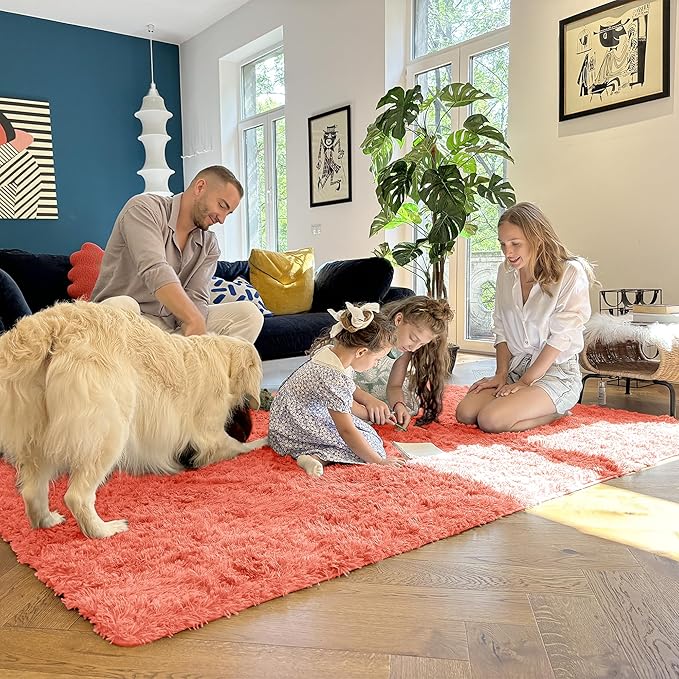 OLANLY 2x5 Machine Washable Runner Rugs for Hallway, Soft Fluffy Shaggy Bedside Rugs for Bedroom, Living Room, Indoor Floor Carpet for Kids Girls and Boys, Home Decor Aesthetic, Coral Red