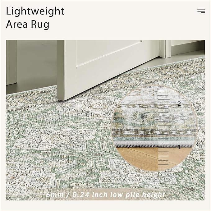 10x14 Area Rugs for Living Room, Non Slip Machine Washable Vintage Rugs, Low Pile Lightweight Large Rug for Bedroom, Dining Room, Home Office Green/Brown