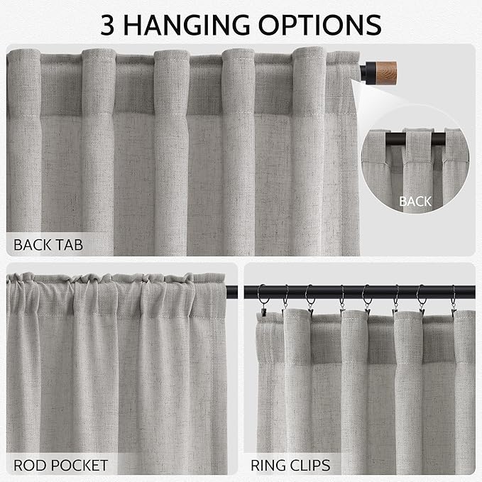 Nanspring Light Gray Linen Curtains 63 Inch Length for Living Room Back Tab and Rod Pocket Semi Sheer Curtain Simple Modern Coastal Room Decor Light Filtering Grey Drapes for Bedroom 52x63, 2 Panels