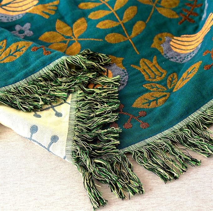 MSGKV Boho Throw Blanket 100% Cotton Blankets for Bed Couch 60''x80'', Spring Breathable Farmhouse Bird Blankets Quilt Muslin Home Decor