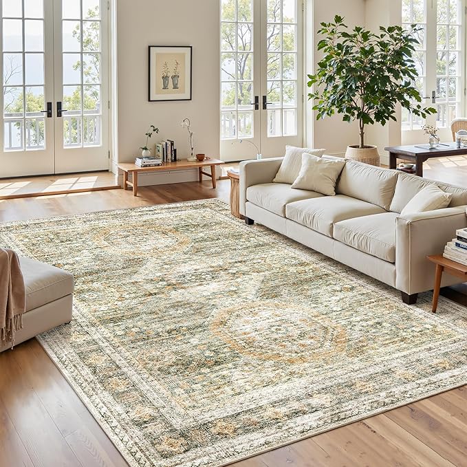 6x9 Area Rug for Living Room Washable 6x9 Non-Slip Modern Rugs for Bedroom Dinning Room Ultra-Thin Indoor Green Orange